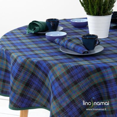 Ovali, apvali lino - medvilnės staltiesė mėlynai - žaliai languota