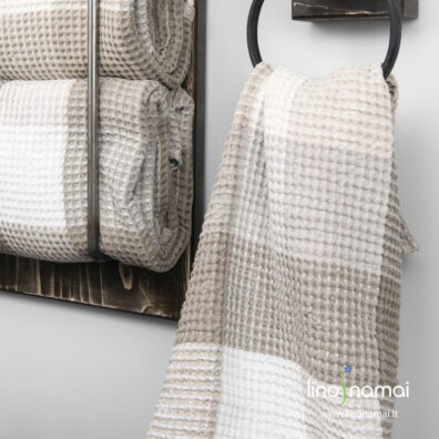 Lino - medvilnės rankšluostis rusvai pilkais langeliais