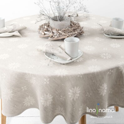 Apvali (ovali) lino-medvilnės staltiesė su geometrinių raštų žvaigždėmis