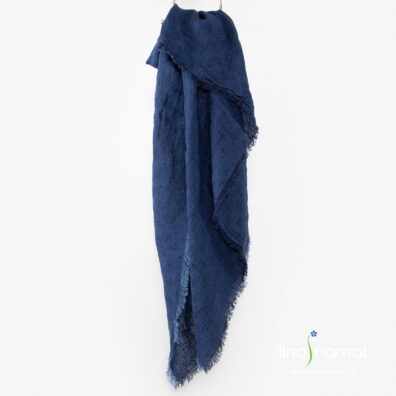 Žakardinio 100% lino audinio skara su apskritimų raštu, tamsiai mėlyna