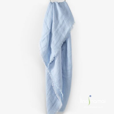 Lininė skara žydra raštuota su kutais visuose kraštuose