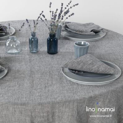 Apvali tamsiai pilka lino - medvilnės staltiesė ir to paties audinio servetėlės