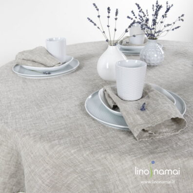 Apvali šviesiai pilka lino - medvilnės staltiesė, skalbta, ir derančios servetėlės