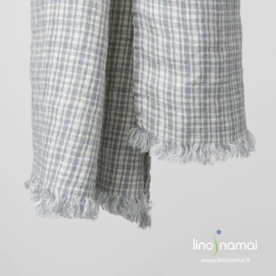 Lino - vilnos šalikas gelsvai baltais ir melsvai pilkais langeliais, su kutais