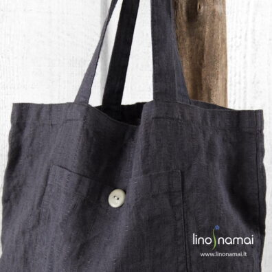 Lininis krepšys tamsiai pilkas, sagos ir kilpos pagalba susipakuojantis į mažą paketėlį