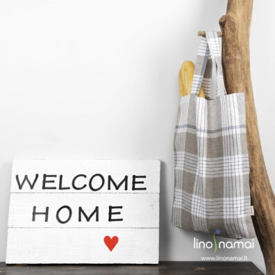 Pilkai-mėlynai languotas lininis krepšys pirkiniams