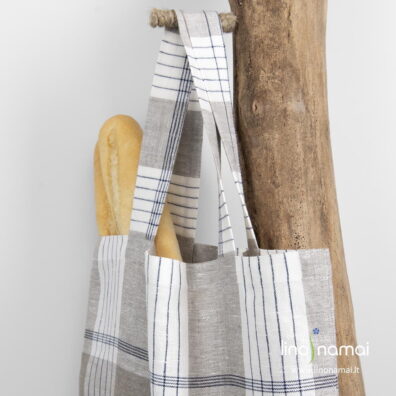 Pirkinių krepšys iš pilkai ir mėlynai languoto 100% lino