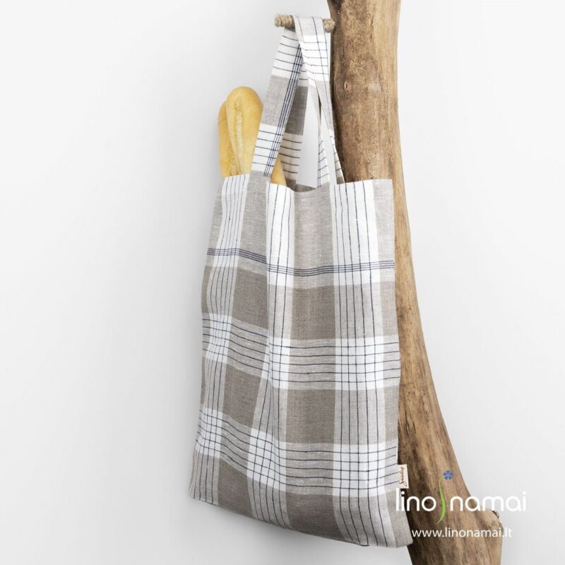 Lininis krep&scaron;ys pilkais, mėlynais langeliais