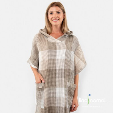 Pončas - rankšluostis iš pilkai languoto „vaflinio“ lino - medvilnės audinio