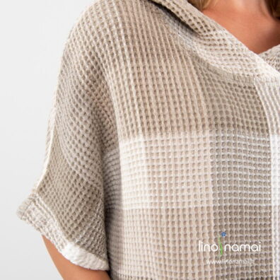 Lino - medvilnės pončas rusvai pilkais ir pieno baltumo langeliais