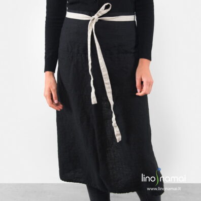 Lininė prijuostė juoda ilga su pilkais juosmens dirželiais