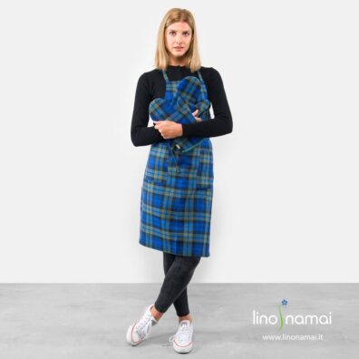 Mėlynai-žaliai languota lino-medvilnės prijuostė su kišenėmis