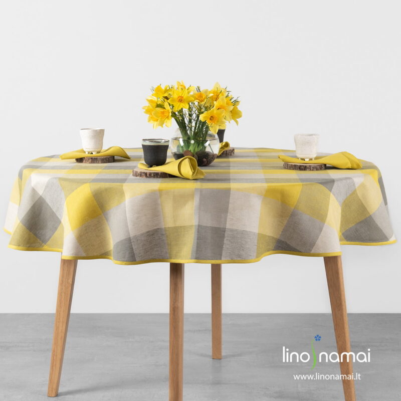 Apvali (ovali) puslininė geltonai-pilkai languota staltiesė