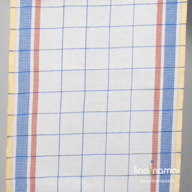 Baltas puslininis rankšluostinis audinys mėlynai languotas, su spalvingomis juostomis kraštuose