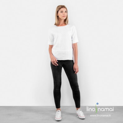 Lininė palaidinė ryškiai balta „laivelio“ formos iškirpte