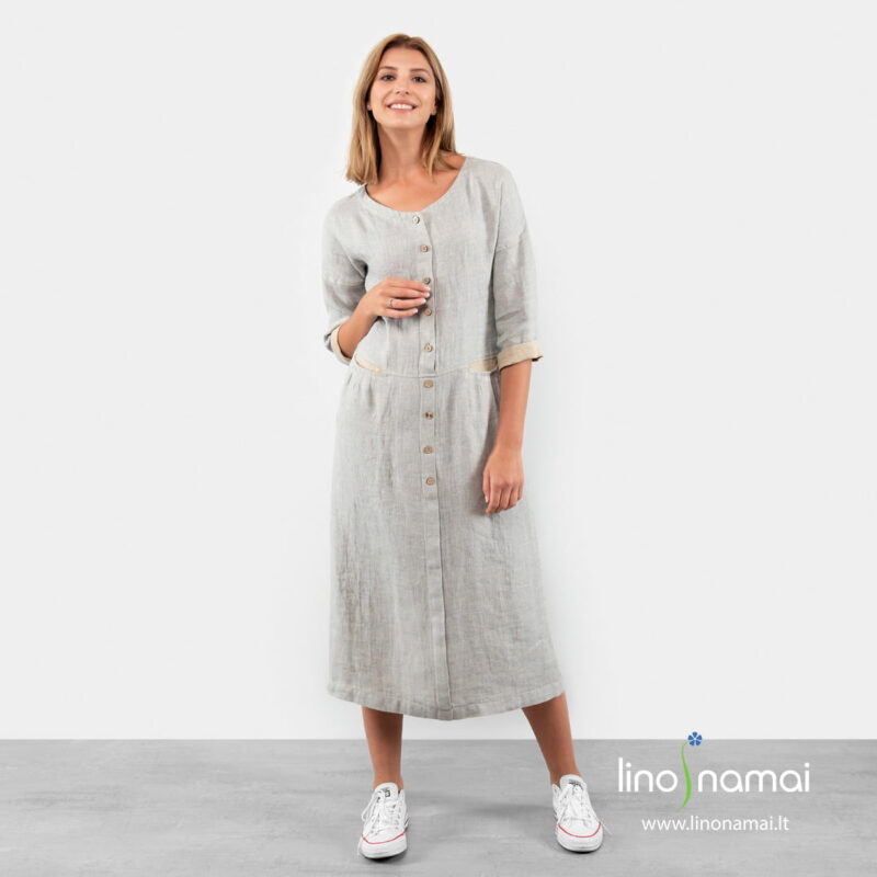 Ilga lininė suknelė rusvai melsva