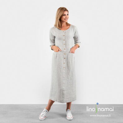 Ilga lininė suknelė rusvai melsva su kišenėmis