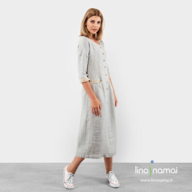 Ilga lininė suknelė su sagomis priekyje