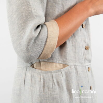 Ilga lininė suknelė rusvai melsva su 3/4 rankovėmis