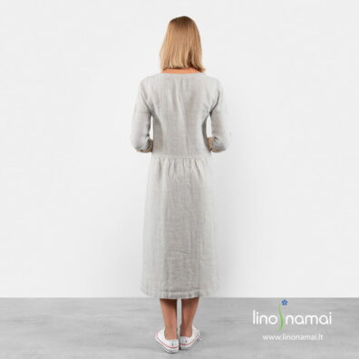 Ilga lininė suknelė rusvai melsva iš nugaros