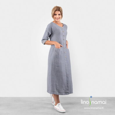 Ilga lininė suknelė melsvai pilka su rankovėmis.