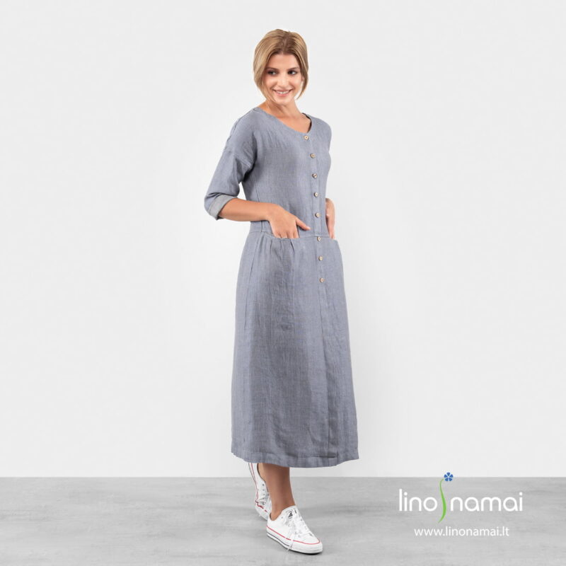 Ilga lininė suknelė melsvai pilka su rankovėmis.