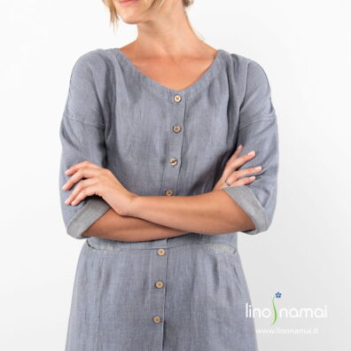 Melsvai pilka ilga lininė suknelė su 3/4 ilgio rankovėmis, gali būt atraitomos.