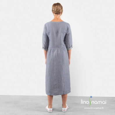 Ilga melsvai pilka lininė suknelė is nugaros.