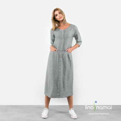 Žalsvai pilka ilga lininė suknelė iš dvipusio minkšto lininio audinio.