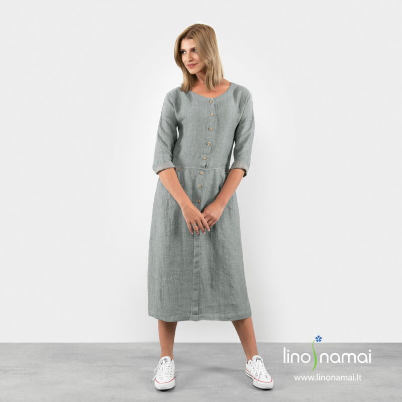 Žalsvai pilka lininė ilga suknelė su sagomis i&scaron; mink&scaron;to skalbto audinio.
