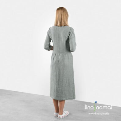 Lininė žalsvai pilka suknelė, vaizdas iš nugaros.
