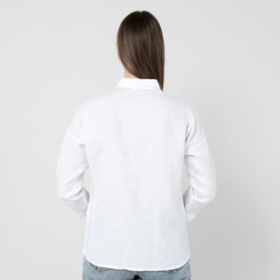 Lininė ryškiai balta palaidinė ilgėjanti į nugaros pusę