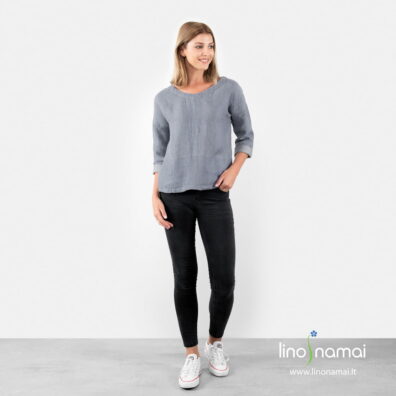 Melsvai pilka lininė palaidinė apvalia iškirpte