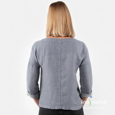 Melsvai pilka lininė palaidinė iš nugaros pusės