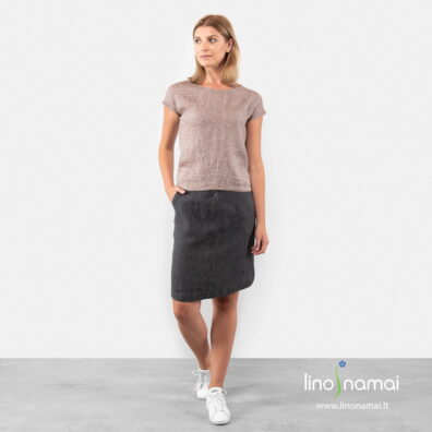 Lininė ruda raštuota palaidinė trumpomis rankovėmis