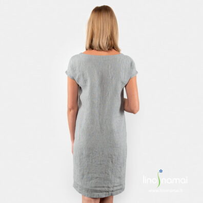 Lininė pilka dryžuota suknelė, nugaros pusė