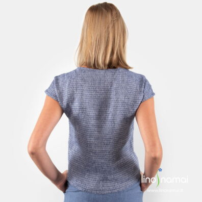 Lininė mėlyna raštuota palaidinė trumpomis rankovėmis, nugaros pusė