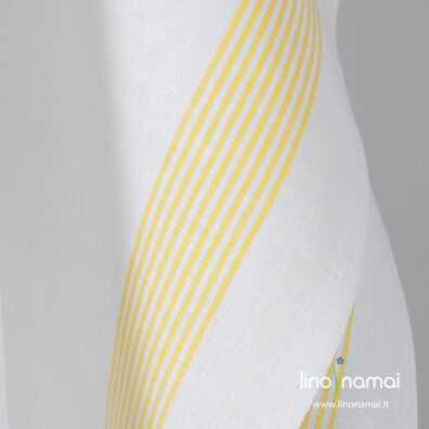 Ryškiai baltas lino - medvilnės audinys su geltonomis juostelėmis, virtuvės rankšluosčiams siūti