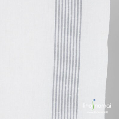 Ryškiai baltas lino - medvilnės audinys su vertikaliais pilkais dryžiais kraštuose