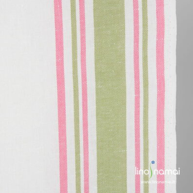 Gelsvai baltas lino - medvilnės audinys su žaliomis, rožinėmis juostelėmis kraštuose