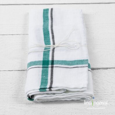 Ryškiai baltas skalbto lino virtuvinis rankšluostis žaliais ir juodais dryžiais