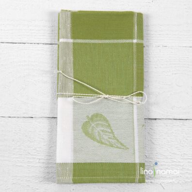 Puslininis virtuvės rankšluostis žalias žakardinis su baltoje juostoje įaustais lapais ir kriaušėmis