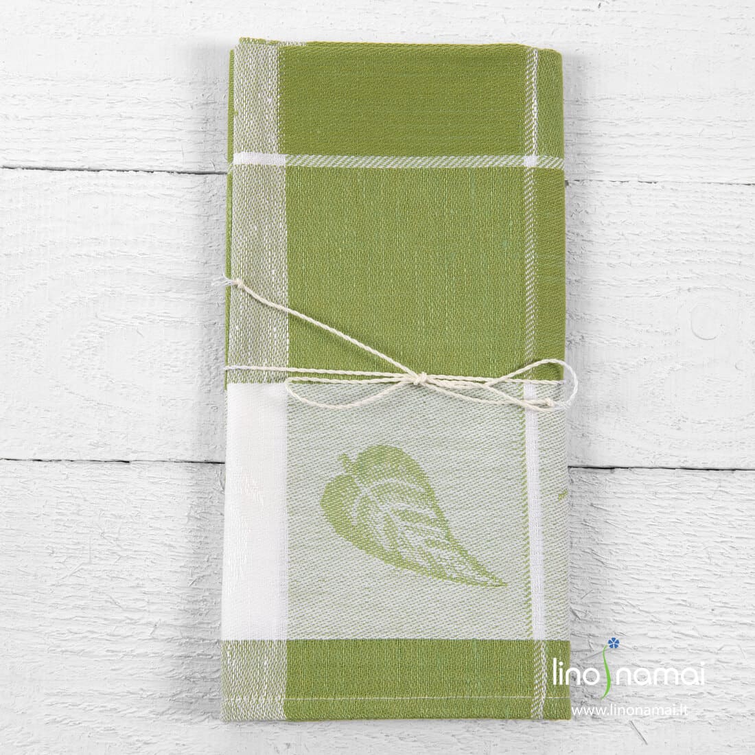 Puslininis virtuvės rankšluostis žalias žakardinis su baltoje juostoje įaustais lapais ir kriaušėmis