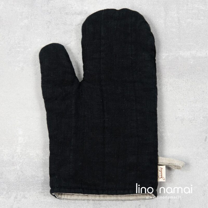 Juoda lininė virtuvės pir&scaron;tinė pilku pamu&scaron;alu ir pakabinimo kilpele