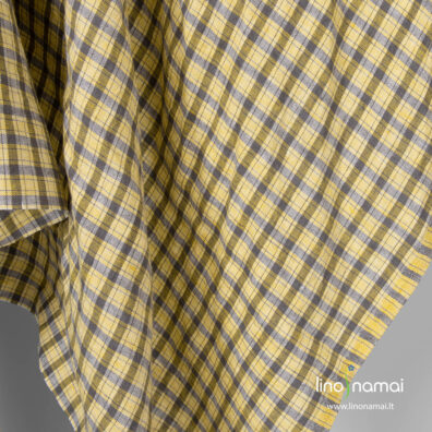 Minkštas skalbtas lino audinys geltonais ir pilkai rudais langeliais