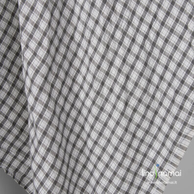 Minkštas skalbtas lininis audinys pilkai rudais langeliais