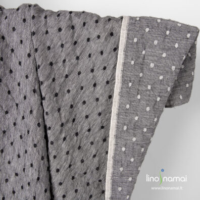 Lino - vilnos audinys juodais dryžiukais ir burbuliukais, skalbtas