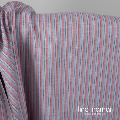 Lino - medvilnės audinys vertikaliais rožiniais, melsvais, pilkais dryžiukais