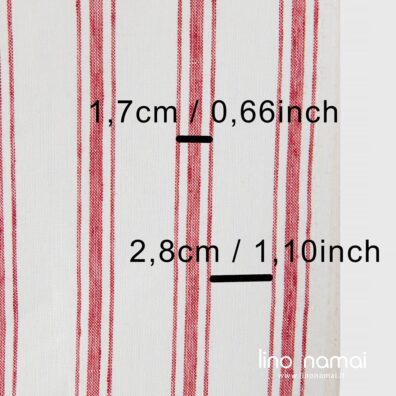 Pieno baltumo 50cm pločio lino audinys raudonais dryžiais