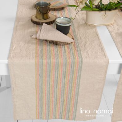 Rusvas lininis takelis su gelsvais, pilkais, žalsvais, rausvai rudais dryžiais